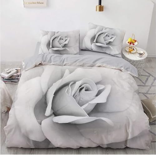 LMMSMGS Bettwäsche 200x220 Weiße Rose Bettwäsche-Sets– Weiches Mikrofaser-Set mit Bettbezug 200x220 + 2 Kissenbezüge 80x80 mit Reißverschluss Eckbinder für Mädchen Jungen