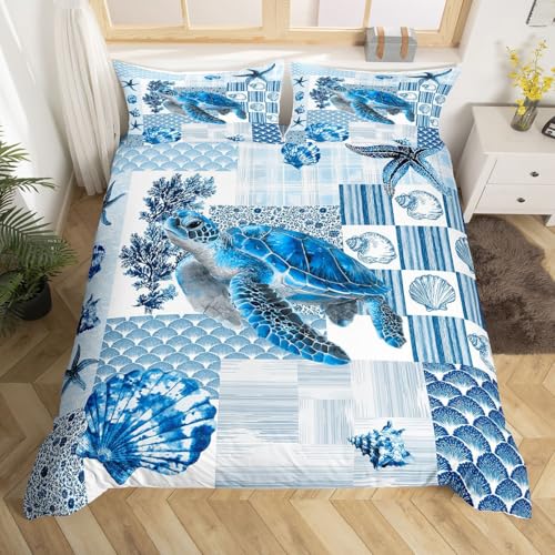 Homemissing Blau Meer Turtle Bettbezug Set Strand Plaid Ozean Bettwäsche Set 135x200cm für Jungen Mädchen Marine Coastal Bettwäsche-Set Schlafzimmer Dekor 2Stück