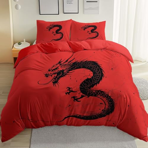 Bettwäsche Set Rot Bedruckte Bettbezug, Orientalisch Traditionell Drache Bedruckte Bettwäsche Set 155 x 200 cm, Pflegeleicht 3-teiliges Gebürstete Mikrofaser Reißverschluss