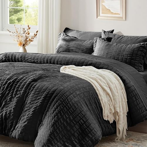 Luofanfei Sommer Seersucker Bettwäsche 135x200 Schwarz Uni Wende Gestreifte Sommerbettwäsche Microfaser Atmungsaktiv Leicht Geometrisches Muster Bettbezug Einzelbett und Kissenbezug 80x80 cm