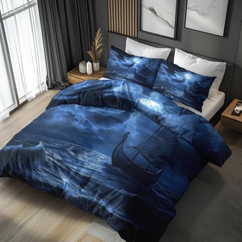 NOGAWA Piratenschiff Bettwäsche 135x200 - Bettbezug 135x200 Nautisch Maritim, Bettwäsche-Sets 2 teilig, Weich Mikrofaser Wendebettwäsche und 1 Kissenbezug 80x80 mit Reißverschluss