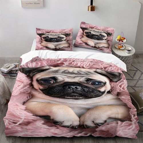 Zbeiba Bettwäsche 135x200cm 3 Teilige,Niedliches Tier Mops Bettwäsche Set,Kinder Junge Mädchen Bettbezug mit Reißverschluss+2 Kissenbezug?135x200+2 * 80x80,Sti10?