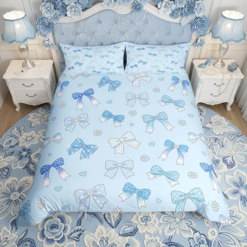 Schöne Krawatte Kinder Bettdecke M Größe Hübsche Prinzessin niedliche gestreifte Polka Dot Bowknot Troster Abdeckung für Jungen Mädchen Blaue romantische Blumen Druck Bettwäsche Set(1 Kissenbehälter)