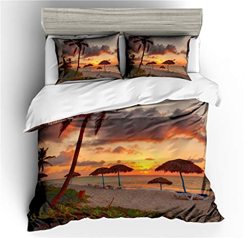 Bettwäsche Set 3D Strandlandschaft Am Meer Gedruckt Kinder Jungen Mädchen Bettbezug Set Super Weiche Bettbezug Kissenbezug Reißverschluss Pflegeleicht (135x200cm,Abenddämmerun g)