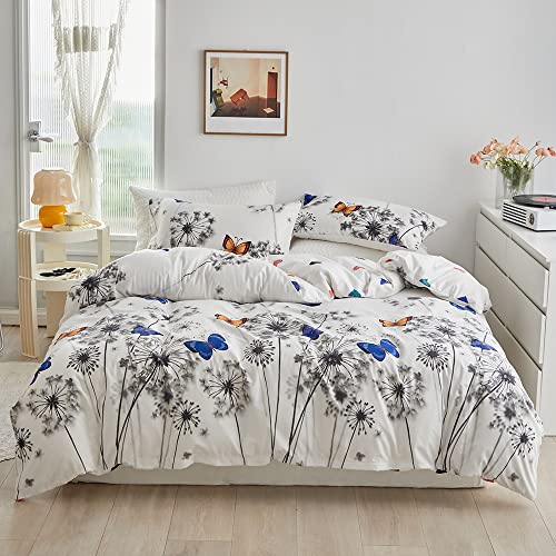 Luofanfei Bettwäsche Pusteblume 135x200cm Blumen Blau Gelb Schmetterling Grau Weiß Löwenzahn Bettwäsche Set Microfaser Pflanzen Blätter Muster Bettbezug und Kissenbezug 80x80cm mit Reißverschluss