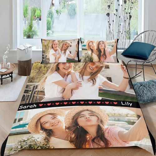 LKSCUDIY Bettwäsche Personalisiert Foto,Bettwäsche selbst gestalten mit Fotodruck Text und 2Kissen,Anpassen größe/eigenem Fotos,Personalisierte Geschenke bettwäsche für Familie-2Fotos