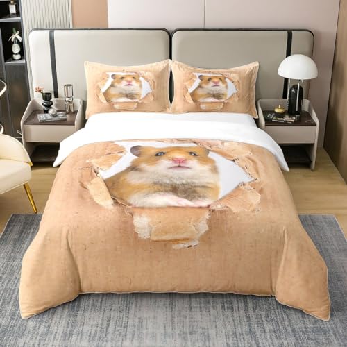 Hamster 100% Bio Baumwolle Bettbezug 135x200 Braun Maus Bettwäsche Set 3D Nette Tier Tröster Abdeckung Kawaii Haustier Schlafzimmer Dekor Quilt Cover für Kinder Jungen Mädchen Teens