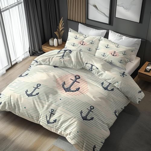 CCZM Ozean Bettwäsche 140x200 - Anker Bettbezug 140x200 - Nautisch Segeln Wendebettwäsche und 2 Kissenbezug 70x90, Warm Mikrofaser Bettwäsche-Sets mit Reißverschluss, E-920