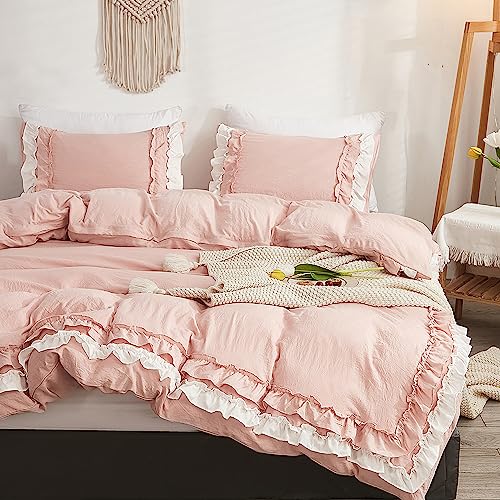 GETIYA Elegant Rüschen Bettwäsche 135x200 Weich Mikrofaser Bettbezug mit Doppellagige Rüschen Damen Mädchen Bettwäsche Rosa Aesthetic Rüschen Bettbezug Einzelbett mit 1 Kissenbezug 80x80