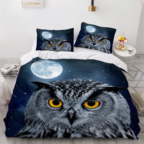 MEVASA Bettwäsche 135x200 Eule Bettwäsche-Set 3 Teilig 3D-Druck Süße Tiere Bettbezug 135x200 mit Reißverschluss Weiche Mikrofaser Kinderbettwäsche mit 2 Kissenbezug