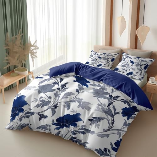 Srigzcaly Elegant Zarte Blumen Pflanzen Bettbezug 135x200 cm Blau Bettwäsche Set Weich Mikrofaser, Atmungsaktiv & Antiallergisch bettdeckenbezug - mit Reißverschluss