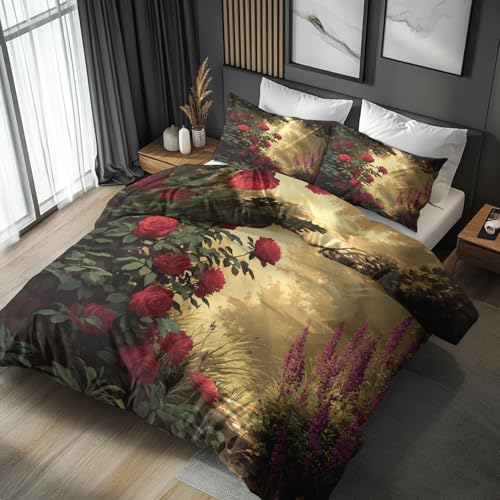 Generisch Bettwäsche 3D Rote Rose 140x200, Lavendel Romantische Blumen Motiv Wendebettwäsche & Deko, Weiche Microfaser Bettbezug mit Reißverschluss und 1 Kissenbezug 70x90, 2tlg - ASD14469