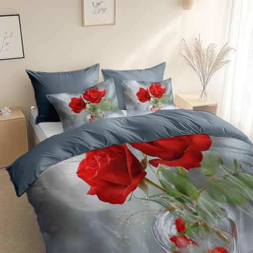 Fotografie Stil Blumen Rosen Bettbezüge 180 x 200 cm - Bettwäsche 3 teilig Bettbezug, Grau Bettwäsche Set mit Kopfkissenbezug mit Reißverschluss, Hypoallergen