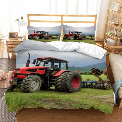 CHCHNXY BettwäSche 155x220,Traktor 3D Print Bettwäsche-Set,Weich Microfaser Bettbezug Mit Leichtläufigem Reißverschluss,3 Teilig Kinderbettwäsche(2*Kisse nbezug 80x80cm