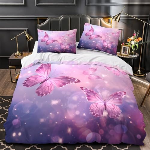 VOXYTMLWG Pink Butterflies 3D Gedruckt Bettwäsche 3 Teilig mit Reißverschluss Soft Blütenmuster Dekor Bettbezug Weich mit Kissenbezug for Erwachsene,Frauen,Mädche n,Kinder Single?135x200cm?