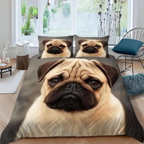 Bettwäsche 155x200 Mops 3D Weich Mikrofaser Bettbezug 155 x 200 Tiere & Haustiere Bettwäsche-Sets 3 Teilig Bettbezüge mit Reißverschlus und 2 Kissenbezug 80x80cm b-106