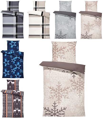 one-home Winter Biber Bettwäsche Baumwolle Kuschelig Flauschig Warme Weiche Bettbezüge Modern, Größe:2 teilig 135x200 cm, Farbe:Schneeflocken Kristalle beige