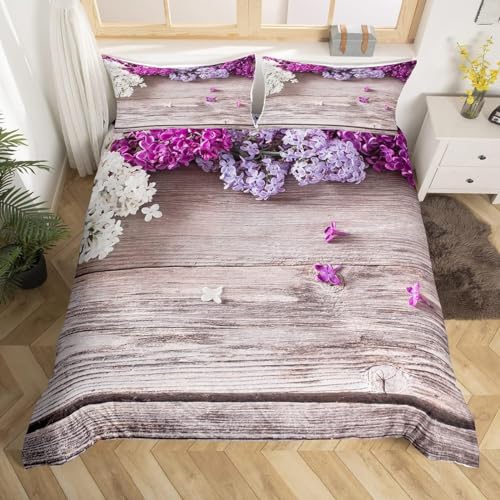 Bettwäsche 200x220 Lila Flieder Bettwäsche-Sets Vintage-Holzbrett Bettbezug mit Reißverschluss 3D Weiche Mikrofaser Bettbezüge mit 2 Kissenbezüge 80x80 cm A-4809