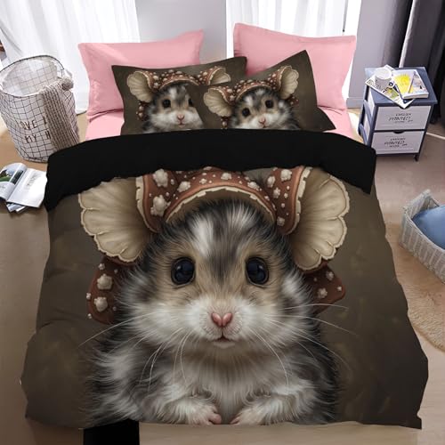 WunM Studio Bettwäsche 135 * 200cm braun Maus Bettbezug Set 2 Teilig Pilz Blümchen Blumenmuster Weich Bettwäsche-Sets mit 1 Kissenbezüge 80x80 cm und Reißverschluss