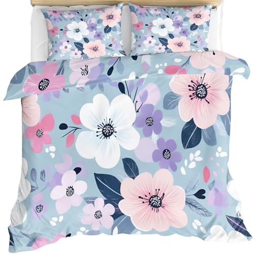 Blumen Mädchen 260X220cm Bettwäsche Sets Blumen Bettbezug Blätter Bettset für Männer Elegante Bettdeckenbezüge Weiche Mikrofaser Hellblauer Bettbezug und Kissenbezug