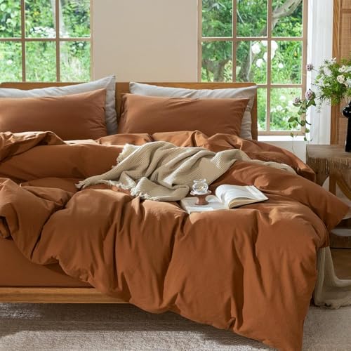 Tospass Baumwolle Bettwäsche 155x220cm Karamell Unifarben Baumwolle Renforce Bettwaren-Sets Leinenoptik Uni Deckenbezug Elegant Bettbezug mit Reißverschluss und Kissenbezug 80x80cm