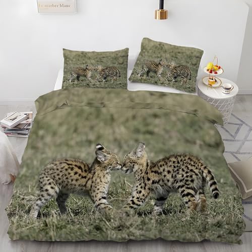 Serval Katze Bettwäsche 135x200 - Tierkreuzung Wendebettwäsche, Weiche & Atmungsaktiv Microfaser Bettbezug + 2 Kissenbezug 80x80, Angenehme bettwäsche-Sets, 3 Teiligmit Reißverschluss 0317N3530
