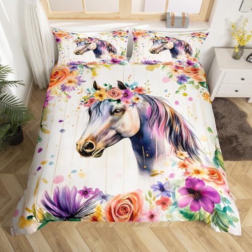 Homewish Pferd Bettwäsche 135x200 Kinder Mädchen, Wildtier Bedruckt Bettbezug Niedlich für Teenager, Ästhetische Blumen Bett Set, mit 1 Kissenbezug Holzbrett Dekor, Weiche Mikrofaser Homewish Pferd Bettwäsche 135x200 Kinder Mädchen, Wildtier Bedruckt Bettbezug Niedlich für Teenager, Ästhetische Blumen Bett Set, mit 1 Kissenbezug Holzbrett Dekor, Weiche Mikrofaser