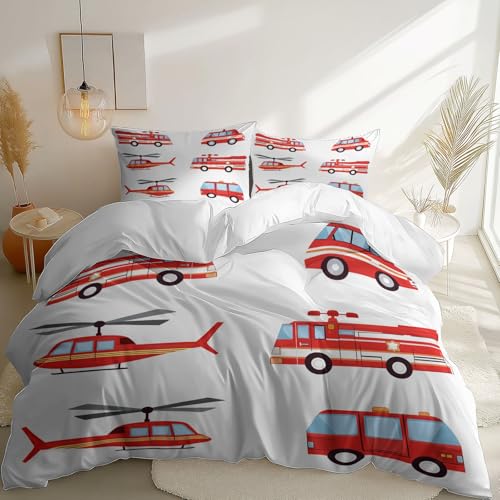 Bettwäsche 200 x 200 cm 3 teilig Bettwäsche Set Weiß Mikrofaser mit Reißverschluss, 2 Kissenbezüge 80x80 cm Transport Feuerwehr Cartoons