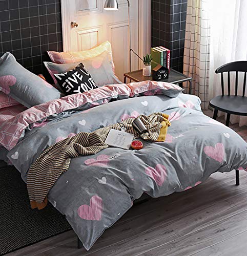 AShanlan Mädchen Rosa Herzen Kinder Bettwäsche 135x200 Kopfkissenbezug 80x80 Grau Rosa Wende Kinderbettwäsche Set 100% Mikrofaser Bettbezug mit Reißverschluss
