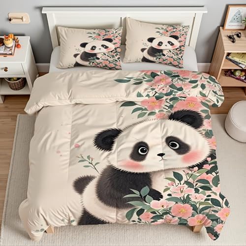 EXSANLIEAY Panda Bettwäsche 135x200 - BlüMchen Wendebettwäsche, Weiche & Atmungsaktiv Microfaser Bettbezug + 2 Kissenbezug 80x80, Angenehme bettwäsche-Sets, 3 Teiligmit Reißverschluss