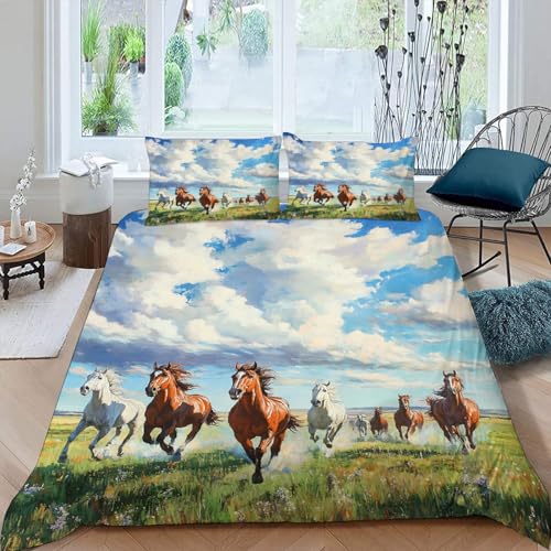 Bettbezug 200x200 cm Pferd Tier Bettwäsche 3D Muster Grasland Gemalt Mikrofaser Bettwäsche-Sets Warm Flauschig Bettbezüge mit ReißVerschluss Und EckbäNdern + 2 Kissenbezug 80x80 cm