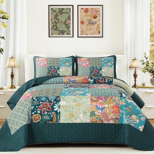 Patchwork-Steppdecken-Set , Queen-Size-Größe, 3-teilig, Tagesdecke, Überwurf, grünes Karomuster, türkis, Boho-Steppdecke, Bettwäsche-Set, leicht, wendbar, rustikaler Bettbezug für alle Jahreszeiten