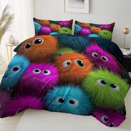 Generisch Niedlich Große Augen Monster Bettwäsche-Set, dunkel Blau Bedruckt Microfaser Bettbezug 3-teilig, Wende bettwäsche Set 200 x 220 cm mit Kissenbezug 80x80 cm Reißverschluss