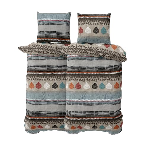 DILIOS Premium Bettwäsche 135x200 4-teilig Bettbezug - Bettwäsche-Sets 135x200 cm mit 2x Kissenbezug 80x80 cm, 2x Bettbezug, Atmungsaktive Baumwolle mit Reißverschluss, Bettwäsche Set Braun Blau Weich