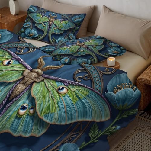 Bettwäsche 200*200cm Azurblau Fantasie- und wunderschöne Tiere Bettbezug Set 3 Teilig Mondfalter Blümchen Blumenmuster Weich Bettwäsche-Sets mit 2 Kissenbezüge 80x80 cm und Reißverschluss
