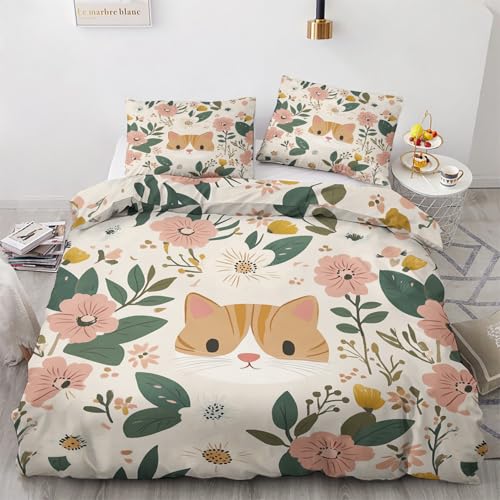 Bettwäsche 135x200 Katze Motiv - Blümchen Bettbezug und 1 Kissenbezug 80x80, Weiche Bügelfreie Mikrofaser Deckenbezug 2er Set mit Reißverschluss, Wendebettwäsche & Deko M&-7461