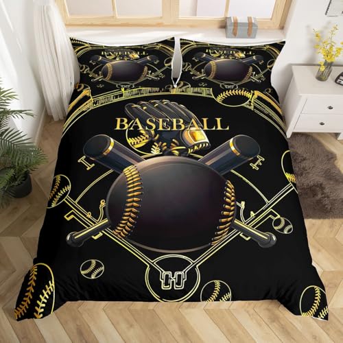 Homemissing Baseball Bettwäsche Set 200x200cm Sports Game Bettwäsche-Set mit Reißverschluss Gift für Baseball Lover Bettbezug Schwarz and Gold mit 2 Kissenbezüge