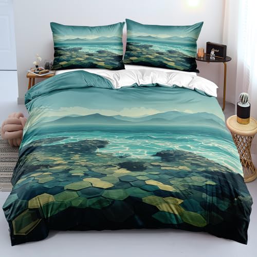 Bettwäsche 200x200 In Türkis mit Geometrischem Hexagon-Patchworkmuster, Bettbezug Im Landhausstil mit Naturlandschaftsmotiv, Moderner Luxus, Weicher und Leichter Bettbezug, Pflegeleicht, Doppelbett