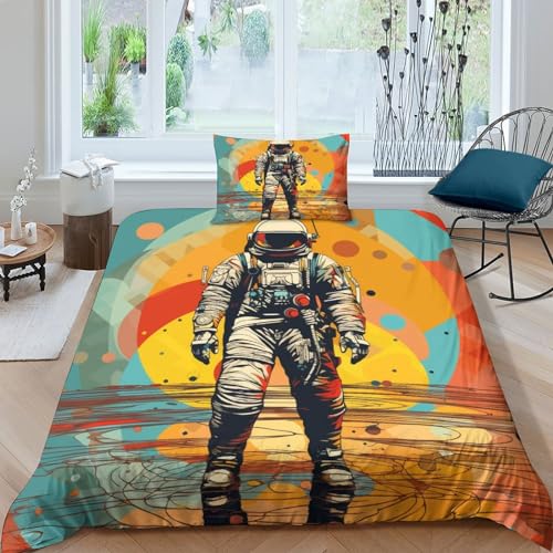 Astronaut Planets Planeten Bettbezug Colorful farbenfroh Space Raum Bettwäsche Set 2teilig 3D Mädchen Junge Kinder Mikrofaser Weiche Mit Reißverschluss Kissenbezüge Erwachsene Single?135x200cm?