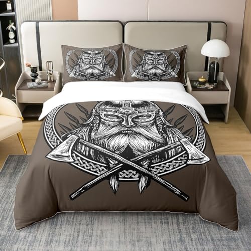 Loussiesd Altes Wikinger Bettwäscheset Vintage Exotisch Stamm Die Axt EIN Schwert EIN Speer Skandinavisches Muster Brauner Druck Bettwäsche Set 200x200cm 100% Baumwolle Dekor Pirat Bettbezug
