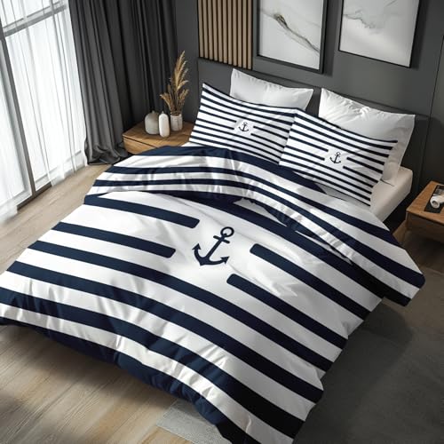 Generisch Bettwäsche 135x200 Maritime Nautisch Ankermotive, Weiche Bügelfreie Mikrofaser Bettbezug Set 2tlg, Marineblau Gestreift Muster Schlafzimmer Deko, 1 Kissenbezug 80x80, mit Reißverschluss
