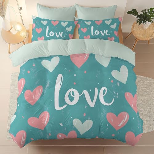 Bettbezug-Set, Handgezeichnet Liebe Text Thema Weiches gebürsteter Mikrofaser Bettwäsche, 135 x 200 cm Für Erwachsene Teenager Kinder 3 Stück Mit Reißverschluss Hellblau Rosa