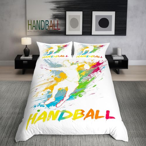 Homewish Handball Sport Theme Bettwäsche 135x200cm Bunte Tinte Splash Graffiti Handballspieler Bettbezug für Kinder Jungen Sportlicher Design Bettwäscheset Sport Enthusiasten Bettset Moderne Raumdekor