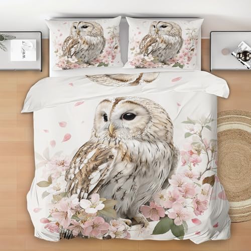 Generisch Bettwäsche 135x200 2 Teilig Eule Vogel, Eule Vogel Wendebettwäsche, Rosa Blumen Bettbezug Microfaser mit 1 Kissenbezug und Reißverschluss