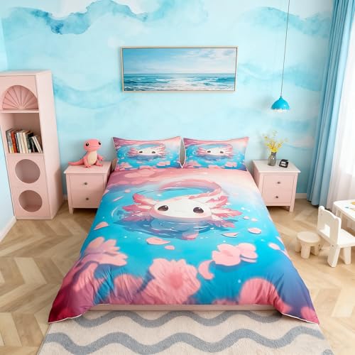 Homemissing Kawaii Axolotl Betten Zimmer Dekor Cartoon Meer Tier Bettwäsche Set 135x200cm für Kinder Jungen Mädchen Salamander Bettbezug Kirsche Blumen Bettwäsche-Set