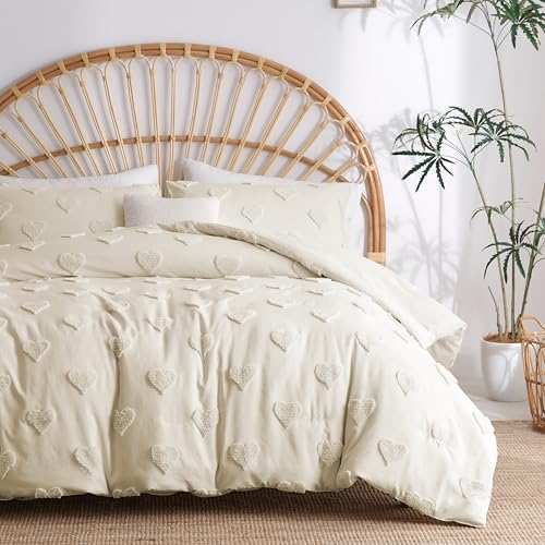 Freyamy Herz Bettwäsche 200x220 3teilig Romantisch Beige Khaki Bettwäsche Getuftet Tufting Bohemian Weich Warm Bettwäsche-sets Gewaschene Mikrofaser Bettbezug mit Reißverschluss + 2 Kissenbezüge 80x80