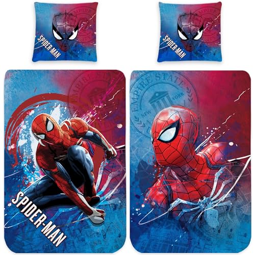 Spider Man Kinder-Bettwäsche New York 135 x 200cm + 80 x 80cm - 100% Baumwolle Linon/Renforcé Homecoming Spiderman Marvel Avengers Endgame Bettzeug Bettbezug deutsche Größe Reißverschluss