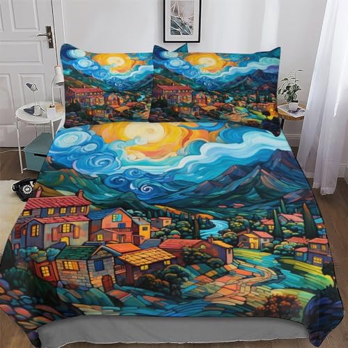 LCWWW Dörfer 3D Print Bettwäsche Bettbezug Microfaser Deckenbezug 2teilig Mit Kissenbezug Erwachsene Teenager Kinder Bettbezüge Single(135x200cm)