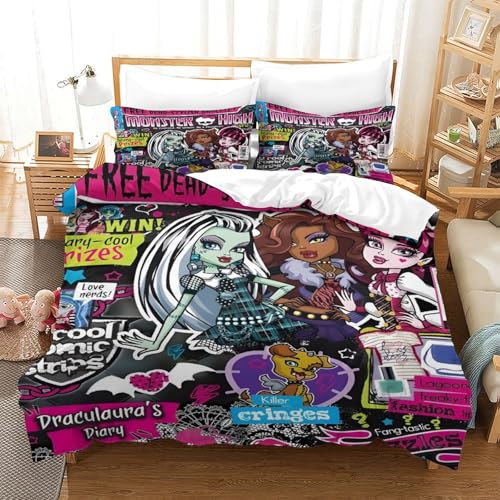 Monster High Bettwäschegarnitur Für Kinder Mädchen Jungen Bettbezug Set 3D Gedruckter Animierte Charaktere Bettwäsche Weich Microfaser Und Kissenbezüge Reissverschluss 3 Teilig Single?140x200cm?
