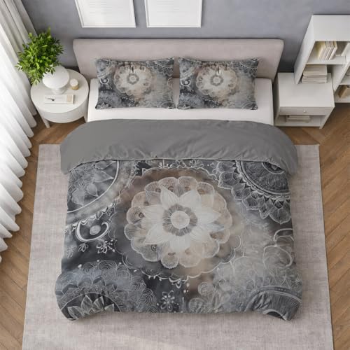 Generisch Graphitgrau Kuschel Bettwäsche 140 x 200 cm - Boho Blumen Mandala Elegant Pflegeleichten Mikrofaser Langlebig Hochwertige Verarbeitung Bettbezug mit 1 Kissenbezug für Kinder Jungen Mädchen